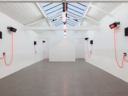 Natalie Dray, Cool Neutral, 2015, 5 Bladed Dynamic Aluminium Fan, Multifit Motor 3 core 1mm Flex, Rugged Plug Top, Powder Coated Steel + extended life, 1300rpm 10W / 50Hz Face-Lift Contactum V1, 2015 2 Gang Double Switched Socket, Aluminium, Brass, Steel, Powder Coat + 2 pole and thermoset + 25 year guarantee, replaceable 220-250V. Image courtesy the artist and Cell Project Space, London. Photo: Mariell Amélie