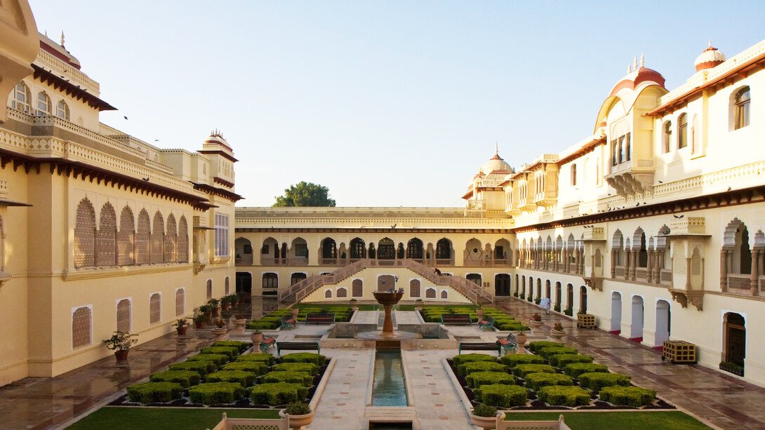 Rambagh Palace hotel Jaipur lobby courtyard, India