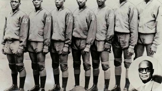 Photo of the New York Rens professional basketball team, with inset of owner Robert “Bob” Douglas, ca. 1933. Courtesy of the Black Fives Foundation