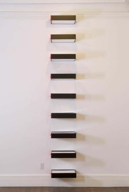 Flat File Globe, 2013 Yupo, foam board, metal cabinet, and plexiglass Nine cabinet files, each 3 3/8 x 17 3/4 x 12 1/8 inches Overall dimensions variable (cabinet files to be hung at equal intervals; minimum distance between each cabinet file is 6 inches)