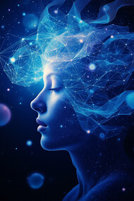 Sacred geometry and neural patterns emanate from a glowing profile, flowing seamlessly into the vast cosmic depths of consciousness
