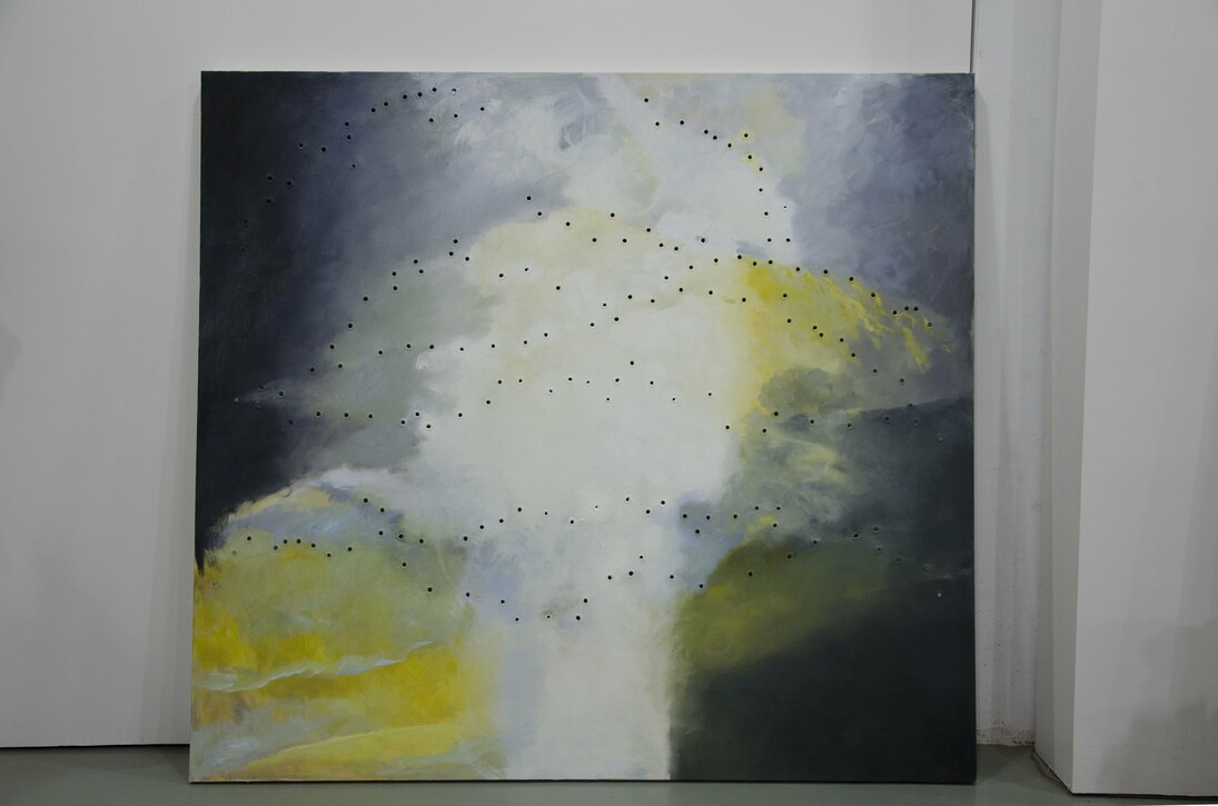 How to Compose a Poem, 2015, Oil
on canvas, 270 X 200, perforated with grommets