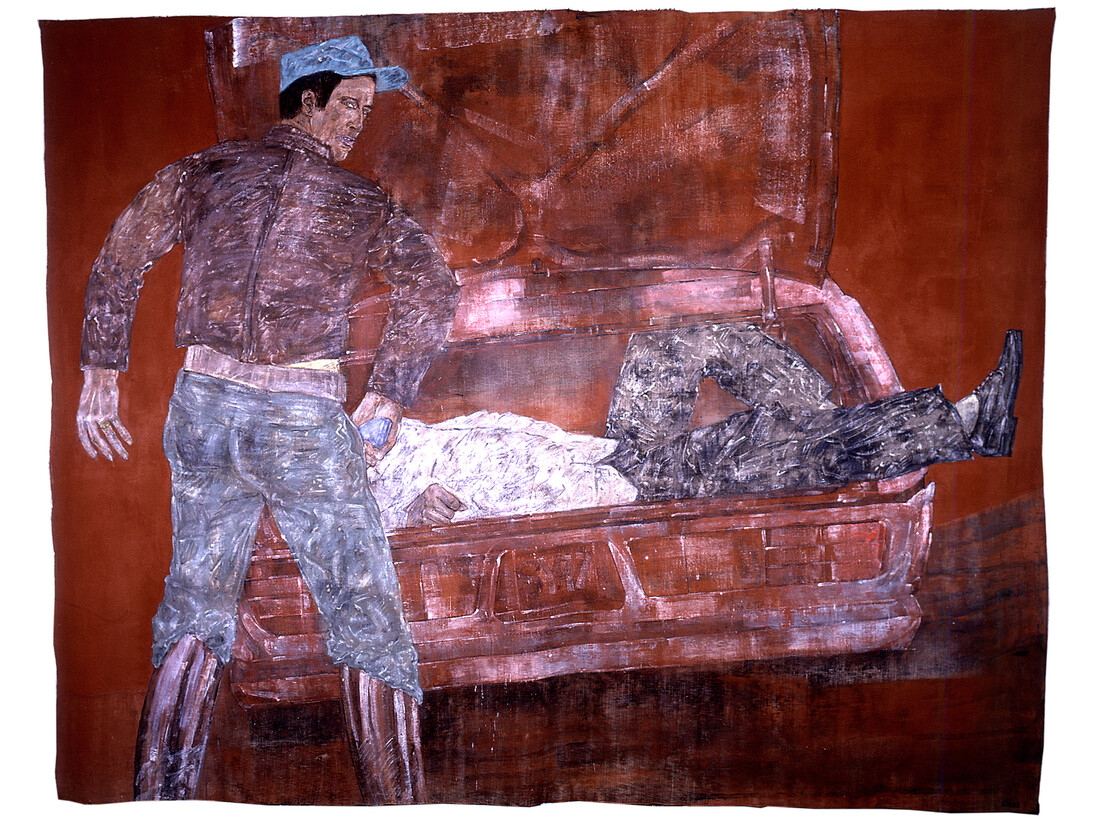 Leon Golub, White Squad IV (El Salvador), 1983, acrylic on linen, 304.8 x 386.1 cm, Collection of Ulrich and Harriet Meyer