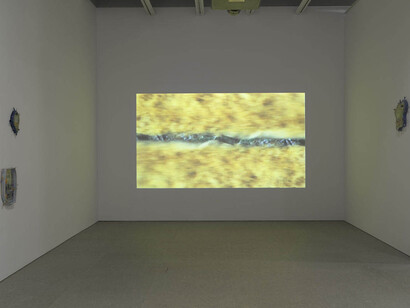 Installation view of Between the Waters (Whitney Museum of American Art, New York, March 9, 2018-). From left to right: Erin Jane Nelson, Isle de Jean Charles, 2018; Erin Jane Nelson, Chauvin Garden, 2018; Erin Jane Nelson, Montegut, 2018; Carolina Caycedo, Esto No Es Agua/This Is Not Water, 2015; Erin Jane Nelson, Power Plant Manatees, 2018. Photograph by Ron Amstutz