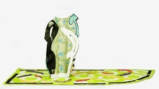 Betty Woodman, Aztec Vase and Carpet #4, 2012, Glazed earthenware, epoxy resin, laquer, paint, canvas, 36.5 x 84.5 x 35 in