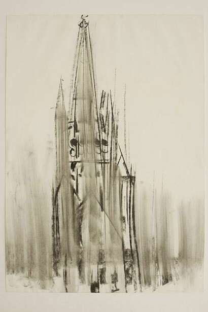Dennis Creffield, Norwich Cathedral: South Transept and Spire, 1988-90, Charcoal on paper, Pallant House Gallery (Wilson Gift through The Art Fund), © Dennis Creffield