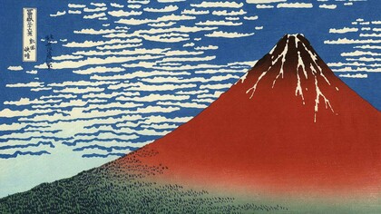 Giornata limpida col vento del sud (Fuji Rosso), Hokusai, 1830-1832. È una delle poche stampe in cui il monte Fuji appare senza presenze umane