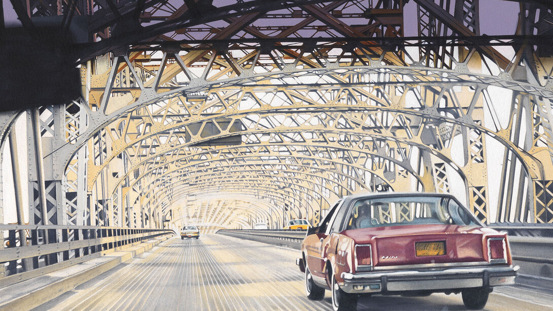 Denis Ryan, Queensborough Bridge, Acrylic on paper, 30 x 54 cm