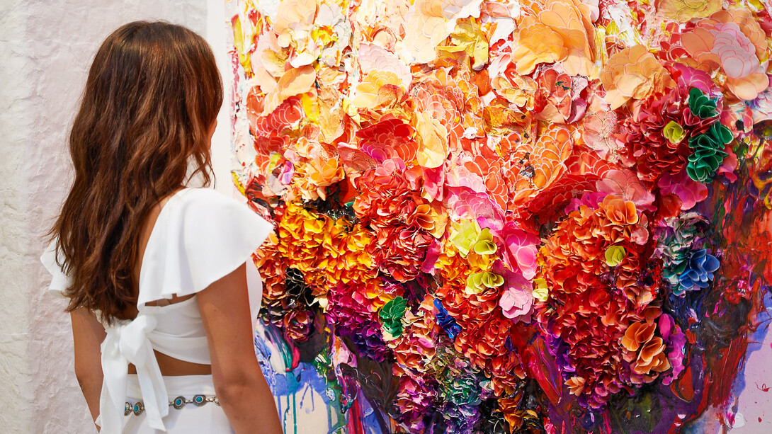 Girl views Zhuang Hong Yi’s Spring Blossom (2020) as HOFA Gallery & ARTCELS prepare to launch 'XXI' exhibition in Mykonos (Stathis Bouzoukas / HOFA Gallery)