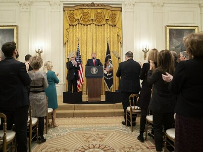 President Donald J. Trump, accompanied by Israeli Prime Minister Benjamin Netanyahu, presented the details of the Trump administration’s Middle East Peace Plan in the East Room of the White House on Tuesday, January 28, 2020, in Washington, DC, USA