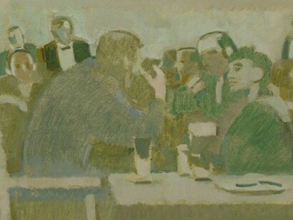 Michael Upton, Society Restaurant III, oil on board, 18 x 34 cm