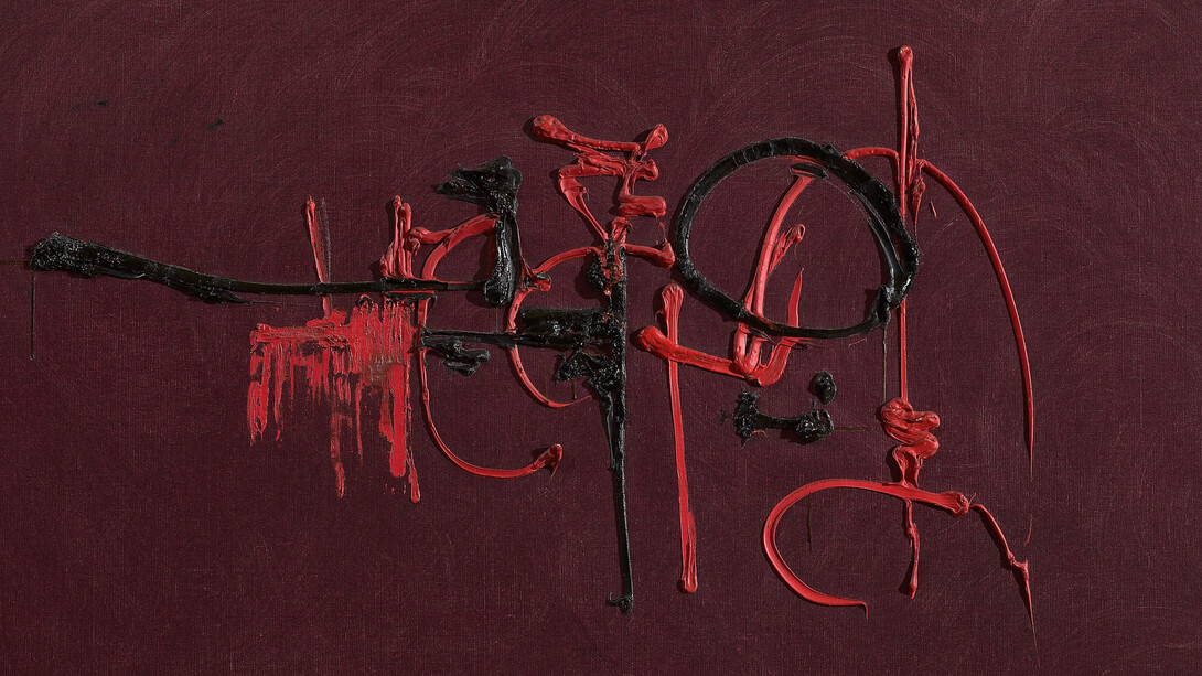 Georges Mathieu
Formule de Dirac, 1955,
oil on canvas,
81 x 130 cm.
Courtesy Mazzoleni, London-Torino
