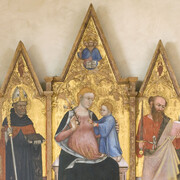 Ottaviano Nelli, Madonna con Bambino, Trinita', santi, Cherubini. 1403. Tempera su tavola