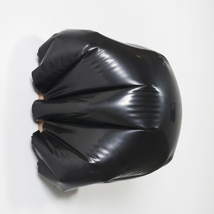 Analia Saban, Bulge (Black), 2015, encaustic paint on walnut stretcher bars, 16 x 16 x 13 1/2 inches; 40.6 x 40.6 x 34.3 cm