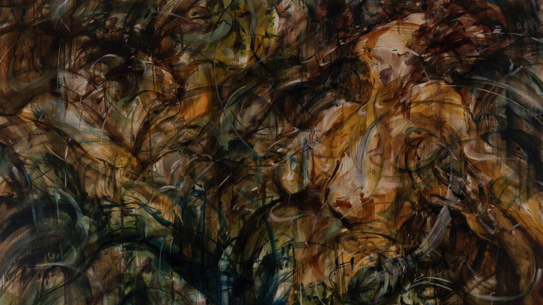 Julia Jo, Mother’s Ruin, (detail), 2023, signed, titled, and dated verso, oil on linen, 96x96x2 inches. Courtesy the artist and James Fuentes, LA