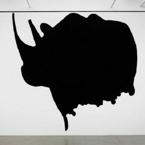 Dwarf and Rhinoceros (With large black shape), 1989/2013 (Detail), archival inkjet prints mounted on lexam with inset aluminum frame, latex paint, archival inkjet print mounted on plexiglas, cdimensions variable
