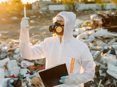A person in protective gear amidst a sea of discarded electronics at a toxic dumpsite, underscoring the environmental and health risks of e-waste accumulation