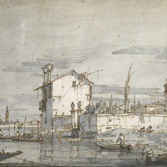 Giovanni Antonio Canal, known as Canaletto (1697‒1768), An Island in the Lagoon, Pen, brown ink with grey wash over ruled pencil lines on blue paper, 20 x 27.9 cm © Ashmolean Museum, University of Oxford