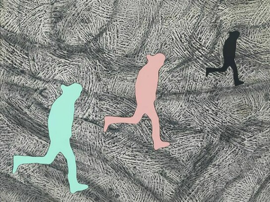 Richard Artschwager, Running Man (triple) , 2013, Laminate, acrylic on Celotex in artist's frame, 21 1/4 x 25 1/2 x 8 inches (54 x 64.8 x 20.3 cm). Courtesy of the artist and Greene Naftali, New York