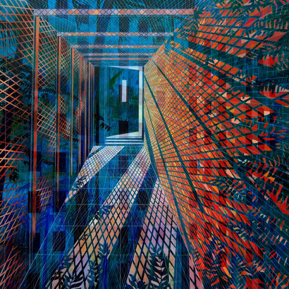 Todd Lanam, Isla Vista Hallway, (2014), oil on canvas, 72 x 60 inches.