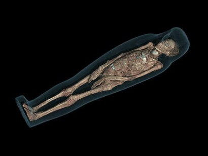 CT scan 3D visualisation of the mummified remains of Tayesmutengebtiu, also called Tamut, showing her body within the cartonnage. © Trustees of the British Museum