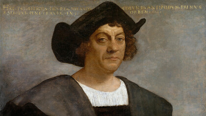 Sebastiano del Piombo; Retrato de hombre, 1519, con una leyenda de dudosa autenticidad que lo identifica como el ligur Colombo, «el primero en entrar en barco en el mundo de las Antípodas», Nueva York, Metropolitan Museum (detalle)