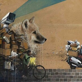 Optimist, “Seduced By Babylon” detail, acrylic on paper on aluminum and wood panel, 79″ x 25″