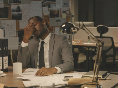 Late at night, a man works in an office overwhelmed by documents and bureaucratic files