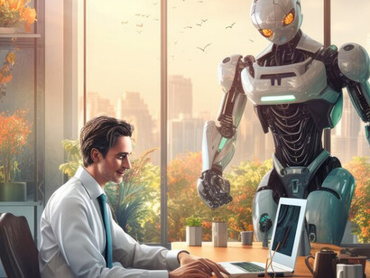 An anthropomorphic robot carrying out routine human tasks, illustrating the role of AI in the workplace, fostering collaboration between humans and machines, and shaping the future of automated industries