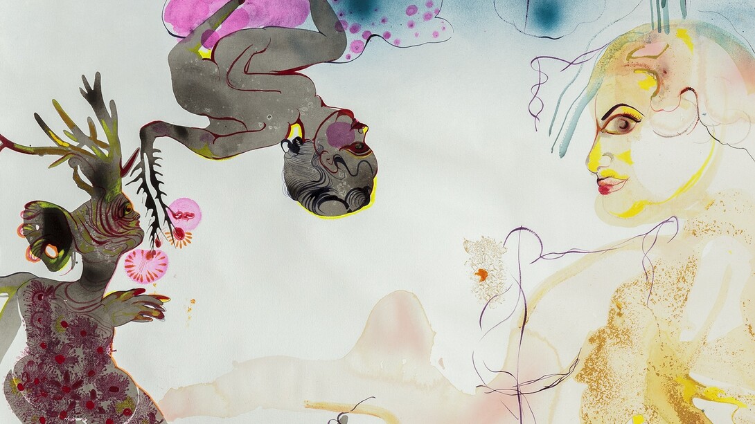 Rina Banerjee, Human Traffic (detail), 2015, Ink, acrylic and collage on watercolors paper Arches 228,6 x 91,44 cm, Courtesy of the artist and Galerie Nathalie Obadia, Paris/Bruxelles