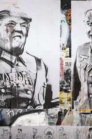 Cartazes retratam o presidente dos EUA, Trump, e o primeiro-ministro israelense, Netanyahu, em uniformes e trajes nazistas