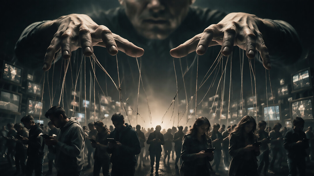 A silent architecture of control where unseen hands guide perception, and the crowd moves without ever realizing who is pulling the strings