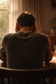 A person sits in quiet contemplation, caught between the worlds of science and spirituality