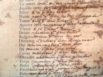 Página do livro Língua geral dos índios das Américas, de autoria anônima, que pertencia a Camilo Castelo branco e hoje está na Biblioteca Nacional do Brasil. A pena camiliana combina cânone e paródia de modo magistral. Entre textos, no mesmo texto e, por vezes, na mesma imagem: o modelo ficcional do segundo Romantismo português concretizado em Amor de Perdição (1862) consagra as sementes da sua subversão (a verdade e a fuga a ela, o drama e a cena cómica) e é matéria de comentário e paródia e até no insinuado curso de escrita criativa romântica das Vinte Horas de Liteira (1864), workshop insuperável antes da invenção dos workshops...
