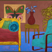 Mary Finlayson, Parlor Room with Blue Vase, oil on Canvas, 60x72 inches. Courtesy the artist and JoAnne Artman Gallery