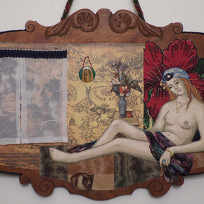 May DeViney, Odalisque, 24x14x3 inches; antique victorian chair back, toy packaging, antique and new fabrics, canvas, acrylic, braiding, and plastic. Courtesy of the artist and Viridian Artists Inc.