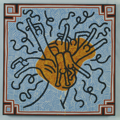 Keith Haring, Hommage to Magritte, 1988, olio su tela, cm 100 x 100, Collezione Tob © Keith Haring Foundation