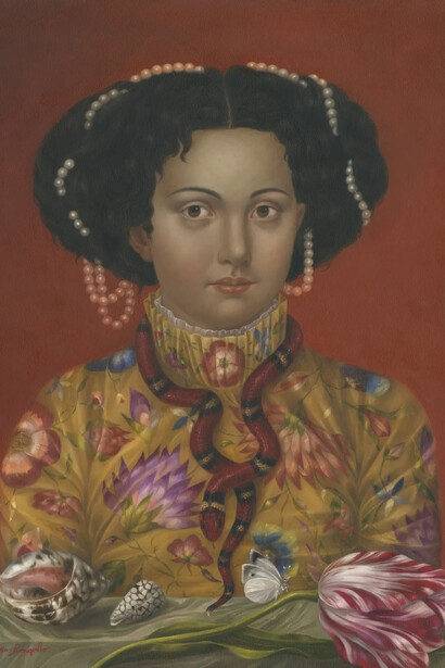 Fatima Ronquillo, Venus with serpent, seashells and tulip (detail), 2026. Courtesy of Dorothy Circus Gallery