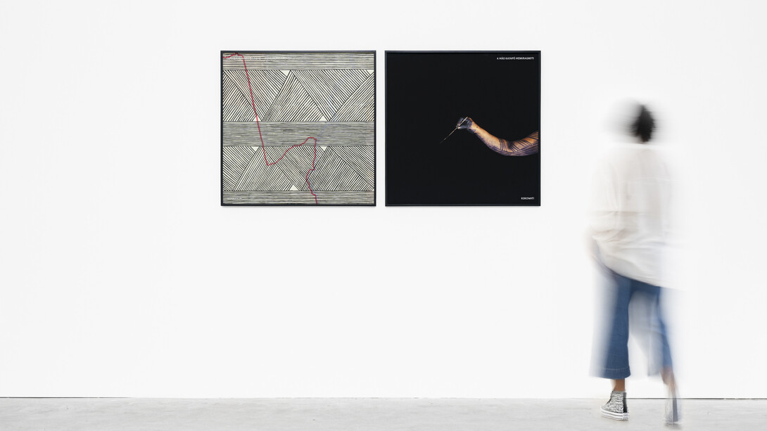 Jonathas de Andrade, Kayapó Menkragnoti Hand, from the series Endless Hunger Map 2019 - 2020, acrylic on map printed on canson paper and photograph printed on cotton rag paper, 2 parts, 85x85x4 cm (each), installation view. Courtesy of Galeria Nara Roesler