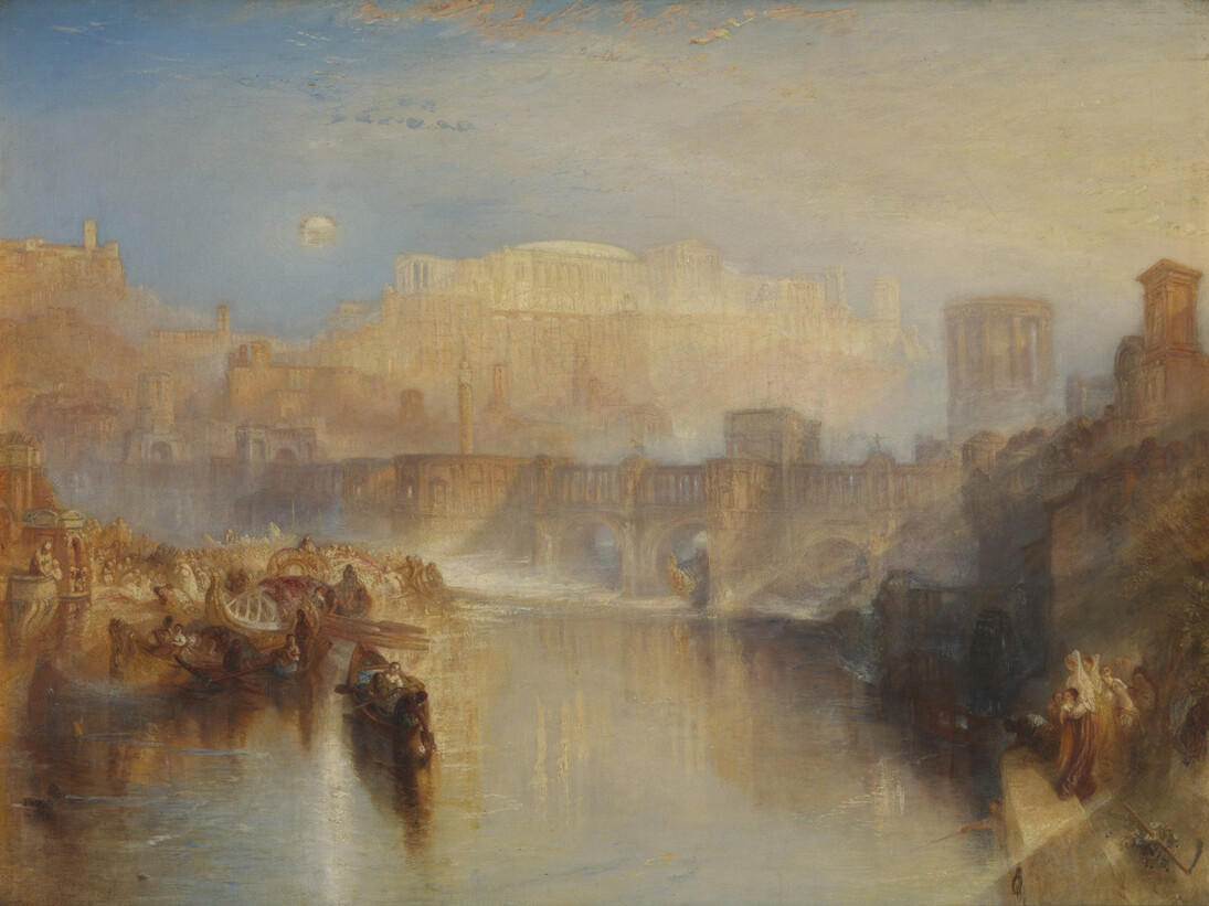 Joseph Mallord William Turner (British, 1775 - 1851)
Title/Date: Ancient Rome: Agrippina Landing with the Ashes of Germanicus , exhibited 1839. Culture: British. Medium: Oil on canvas. Dimensions: Unframed: 91.4 x 121.9 cm (36 x 48 in.). Framed: 123 x 153 x 14 cm (48 7/16 x 60 1/4 x 5 1/2 in.). Accession No. EX.2015.3.48. Object Credit: Tate: Accepted by the nation as part of the Turner Bequest 1856. Repro Credit: Photo © Tate, London 2014