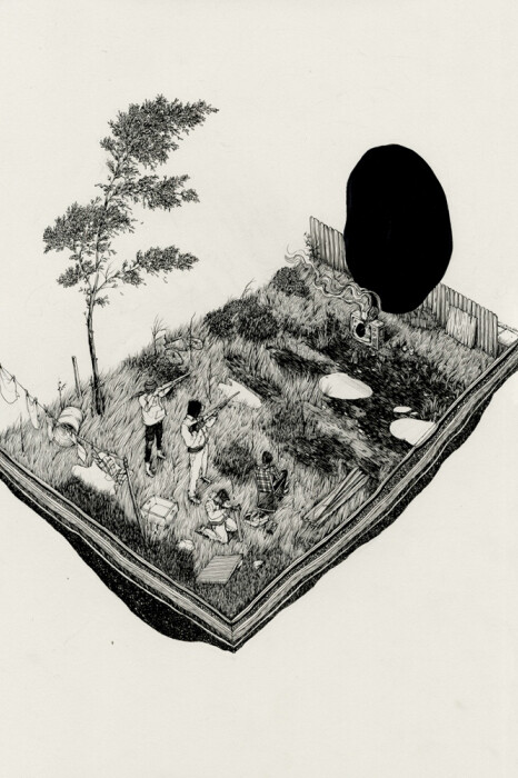 Pat Perry, Holes At Our Backdoor, 2013 inchiostro su carta. Courtesy of Dorothy Circus Gallery