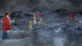 Esta imagen representa el juego de ajedrez que juega la humanidad contra la Inteligencia Artificial que despierta lentamente