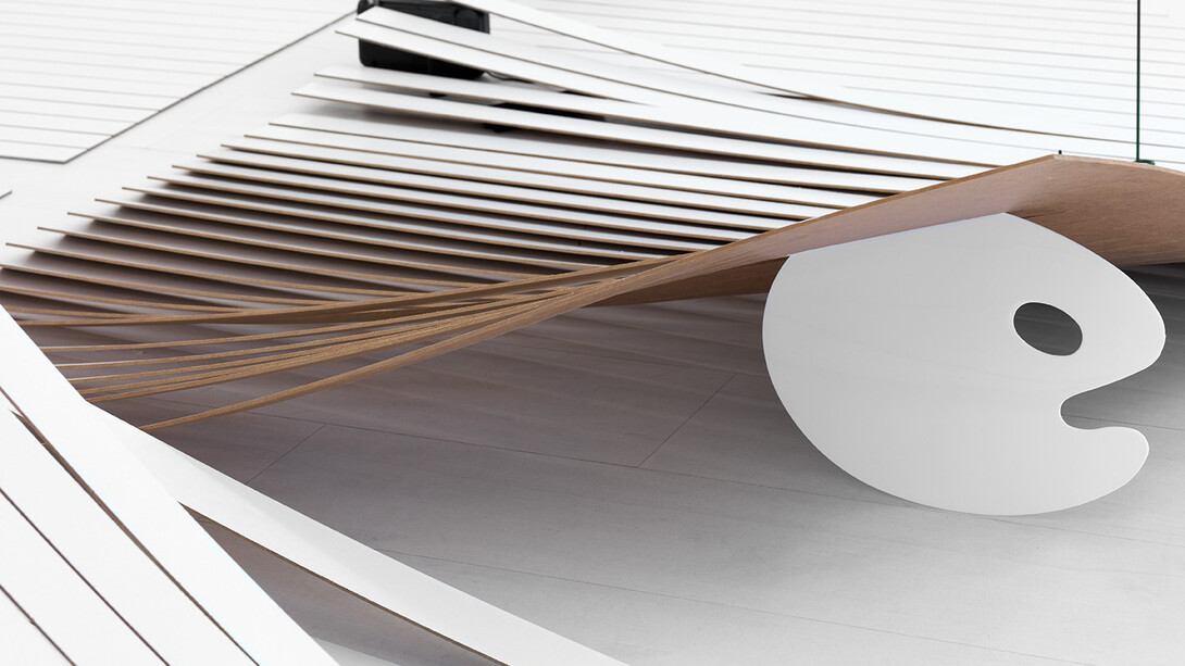Beatriz Olabarrieta, News Plast, 2014, Laminated Hardboard Board , plasticine blocks, charcoal sticks, elastic, plant supports, raphia rope, shoelaces, palette, Sony radio switched. 5 x 3 m, Courtesy Casado Santapau Galeria, Madrid  
