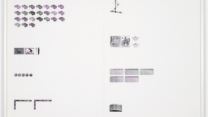 Daniel Lefcourt, Query, 2015, Laser etched rubber stamps on paper, Two parts; 127 x 96.5 cm / 50 x 38 inches (paper size each), 133.4 x 200.7 cm / 52.5 x 79 inches each (framed)
