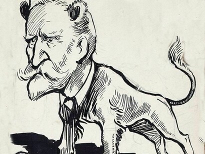 Original pen and ink cartoon of William Martin Murphy by Frank Reynolds, with a bone inscribed "Art Gallery"