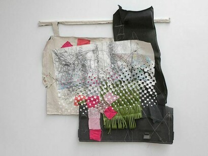 Greg Smith, One Seater, 2013, Canvas, gesso, fabric, thread, paper, PVA, adhesive, graphite, colored pencil, maps, wood, hardware, car trunk parts, beach chair parts, 58 x 51 x 8 in. Courtesy: Susan Inglett Gallery, NYC.