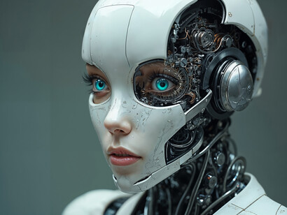 A sci-fi depiction of a synthetic woman—part human, part machine—designed with lifelike precision