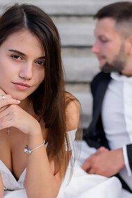 Brunette bride gazing confidently at the camera with the groom seated in the background