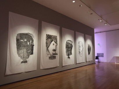 Eugenio Dittborn, Stories of the face, exhibition view. Courtesy of Museo Nacional de Bellas Artes