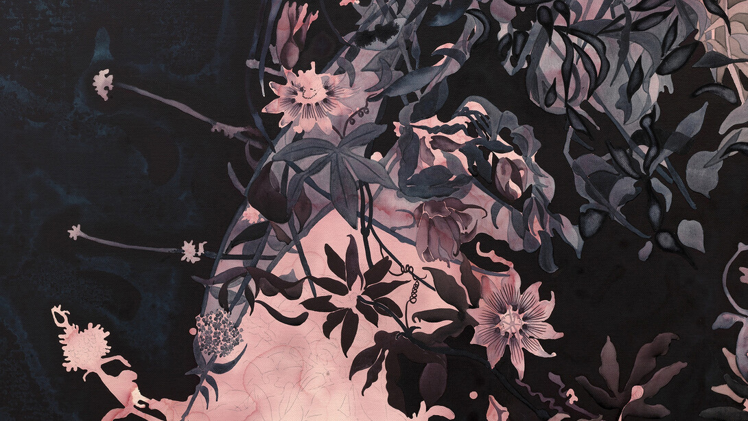 Hannah Maybank, Bobolla (detail), 2014, Synthetic Dragon's Blood, Graphite and Watercolour on Linen, 71 x 67 in / 180 x 170 cm